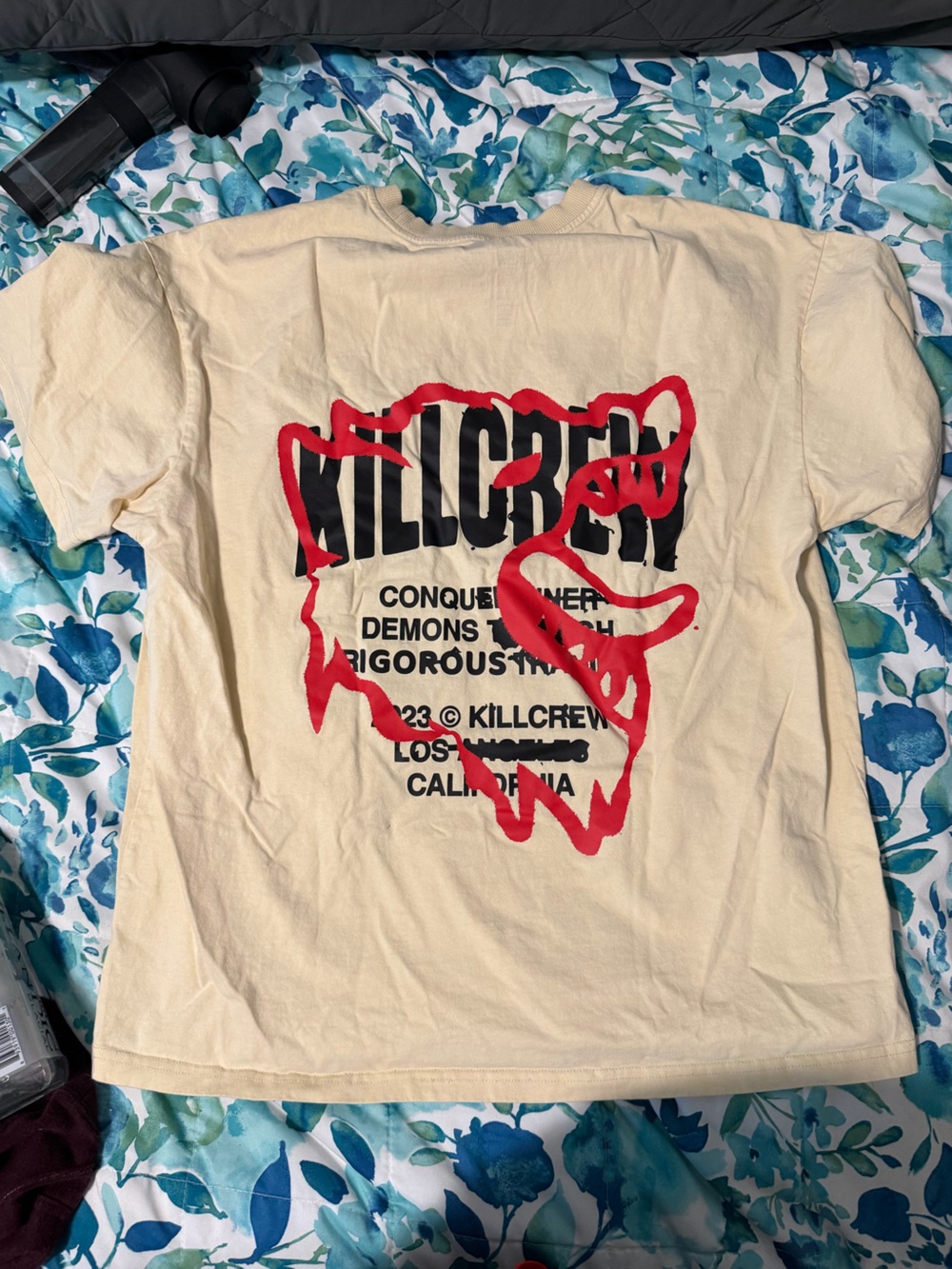 Kill Crew oversized XS Graphic Tee in Cream with Red & Black Logo